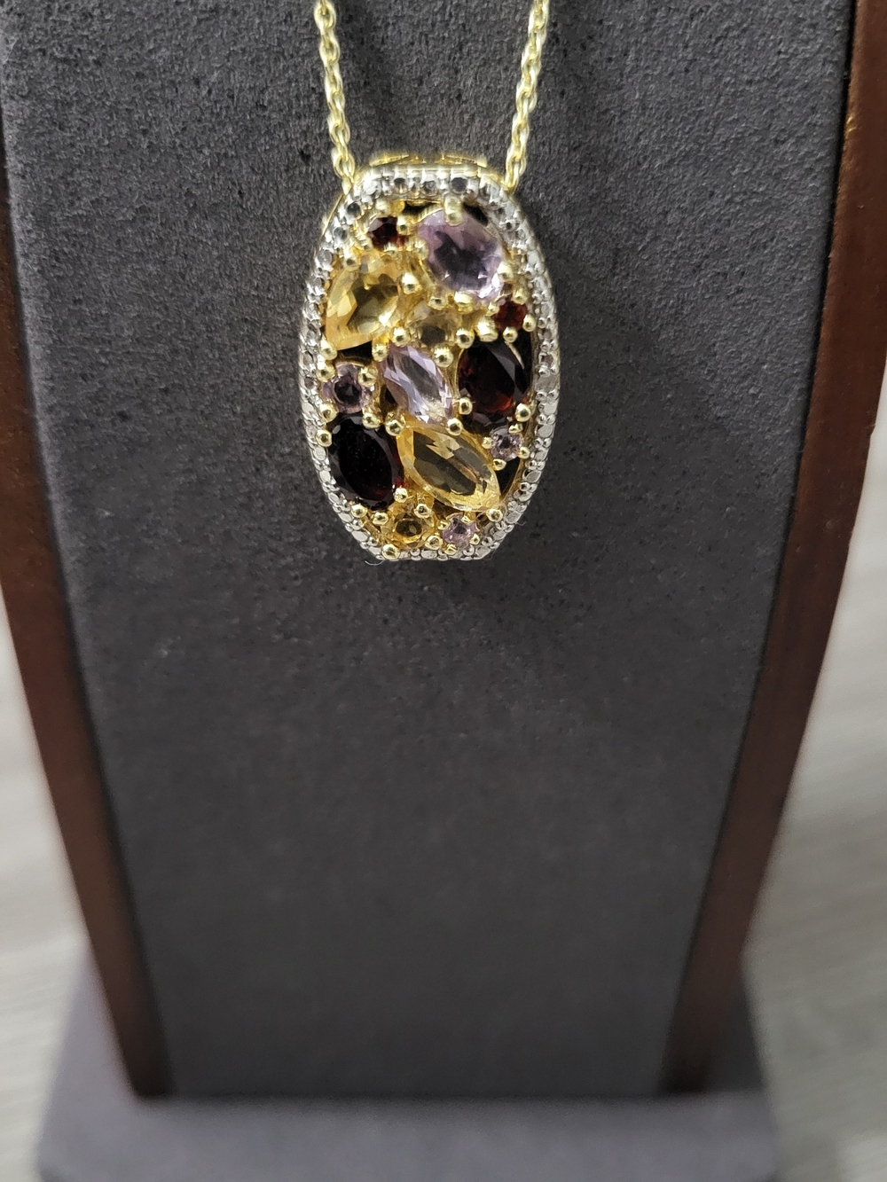 Goldtone MultiGemstone Oval Pendant Necklace - Genuine Garnet, Citrine, Amethyst - Picture 3 of 4